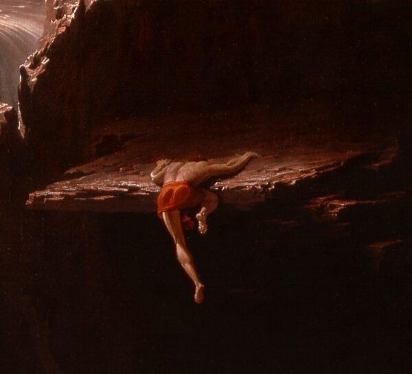 Clearly the hero is exhausted as he mounts a ledge, yet enduring faith propels him. (PD-US)