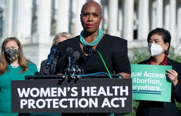 Rep. Ayanna Pressley (D-Mass.) (C) speaks in support of the Women's Health Protection Act, with primary sponsor Rep. Judy Chu (D-Calif.) (R), outside the U.S. Capitol in Washington on Sept. 24, 2021. (Saul Loeb/AFP via Getty Images)