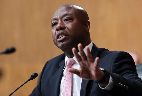 Sen. Tim Scott (R-S.C.) speaks before a hearing in Washington on Sept. 14, 2021. (Evelyn Hockstein/Pool/Getty Images)