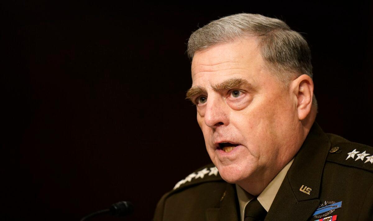 Chairman of the Joint Chiefs of Staff Army Gen. Mark A. Milley speaks during a Senate Armed Services Committee hearing on the conclusion of military operations in Afghanistan and plans for future counterterrorism operations, in Washington on Sept. 28, 2021. (Patrick Semansky/Pool/Getty Images)