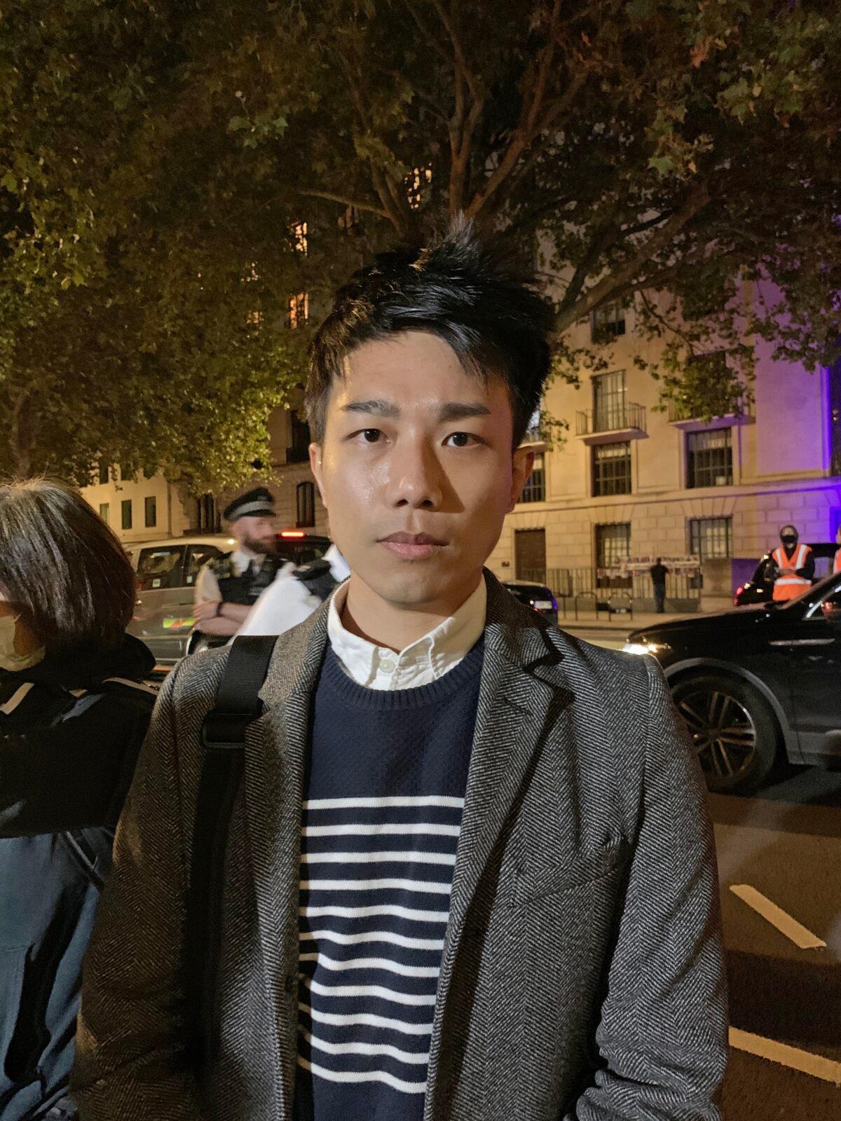 Founder of Hong Kong Liberty Finn Lau in an interview during the "Resist the CCP Day" in London, on Oct. 1, 2021. (Jenna/The Epoch Times)