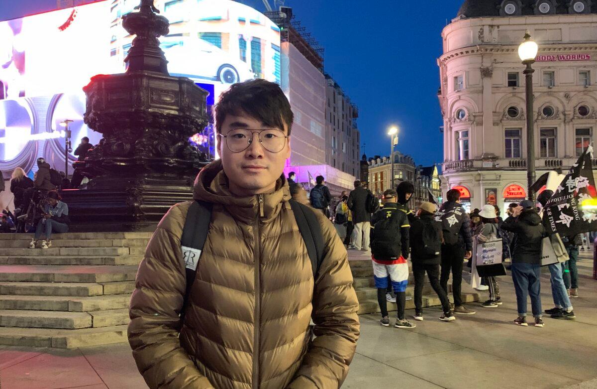 Simon Cheng in an interview during the "Resist the CCP Day" in London, on Oct. 1, 2021. (Jenna/The Epoch Times)