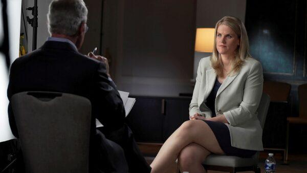 Facebook whistleblower Frances Haugen is interviewed by Scott Pelley for a CBS News 60 Minutes program in an undated photograph. (Robert Fortunato for CBS News/60MINUTES/Handout via Reuters)