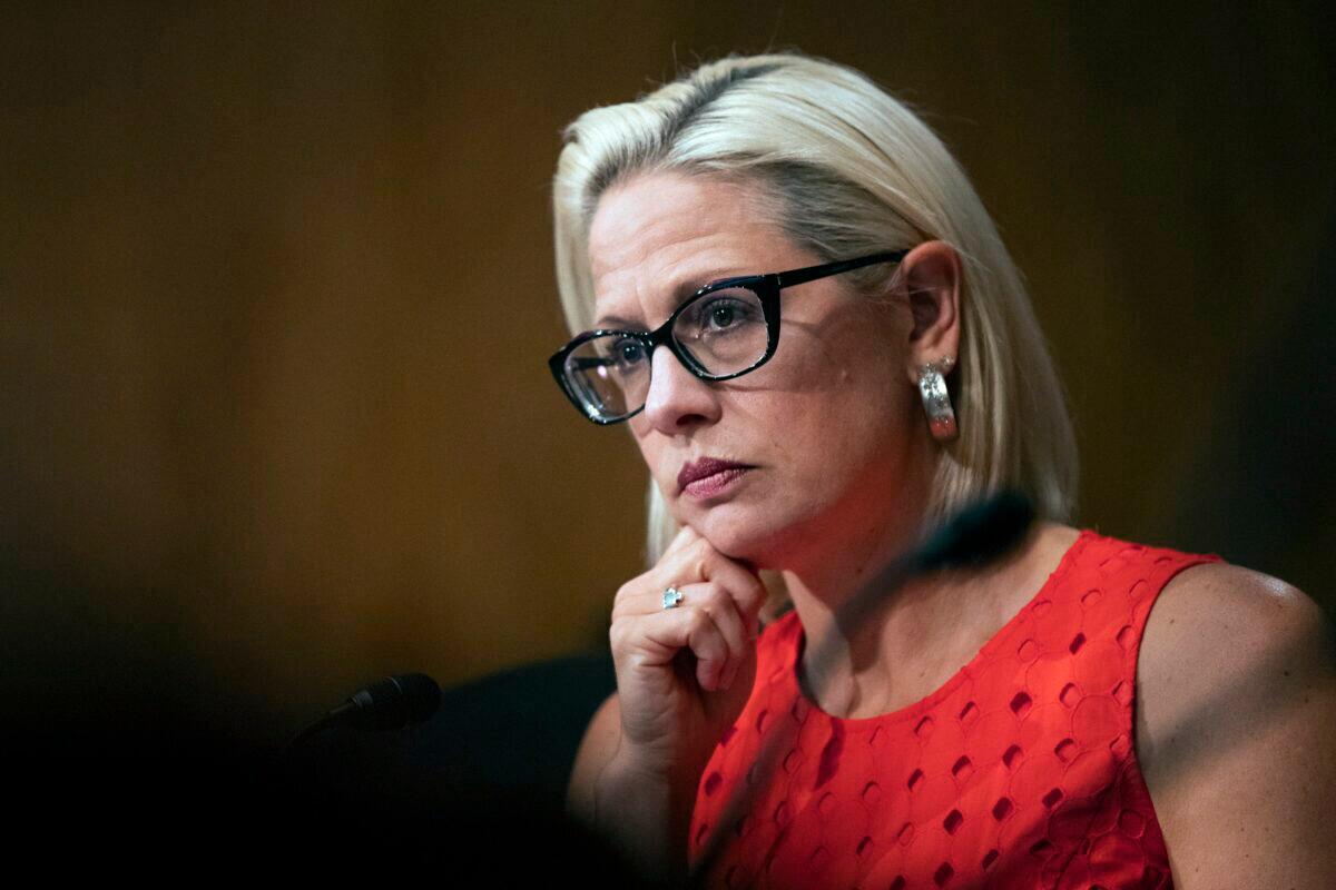 Arizona Sen. Kyrsten Sinema, then a Democrat and now an Independent, is seen during a hearing in Washington on July 16, 2019. (Manuel Balce Ceneta/AP Photo)