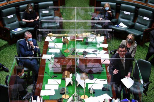 Victorian Premier Daniel Andrews (right) speaks during question time in the Legislative Assembly at the Parliament of Victoria in Melbourne, Australia, on Sept. 7, 2021. (AAP Image/James Ross)