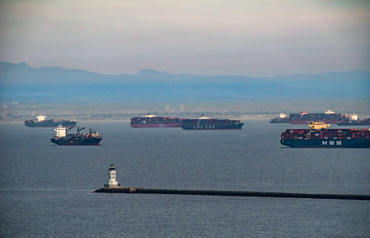Ships await to be offloaded in the ports of Los Angeles and Long Beach on Jan. 12, 2021. (John Fredricks/The Epoch Times)