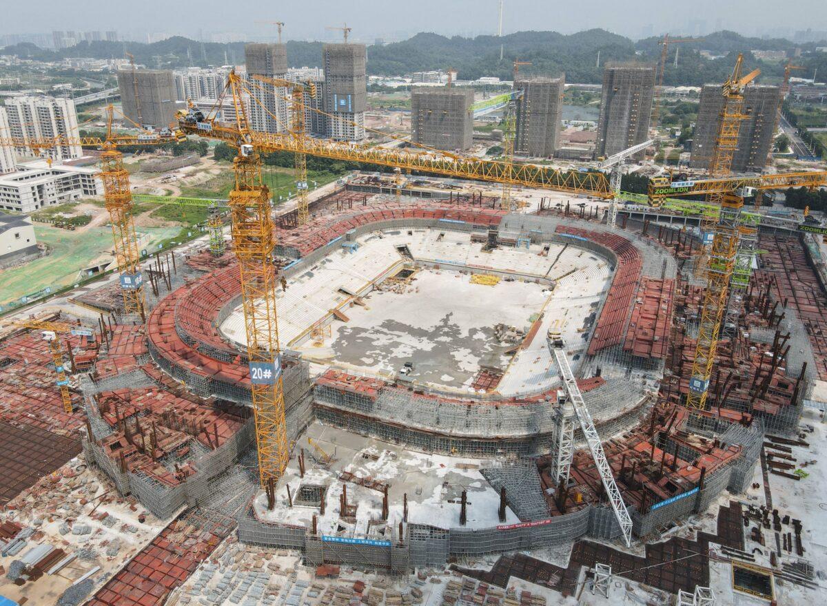 The under-construction Guangzhou Evergrande football stadium in Guangzhou in China's southern Guangdong Province, on Sept. 17, 2021. (STR/AFP via Getty Images)