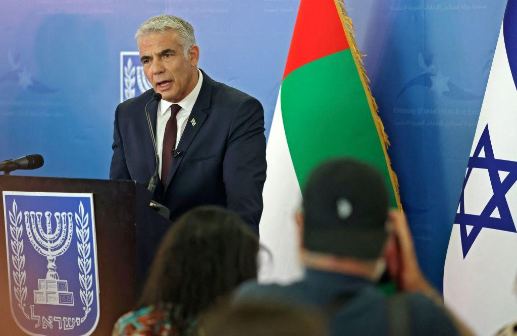 Israel's Alternate Prime Minister and Foreign Minister Yair Lapid gives a press conference at the new Israeli consulate in the Gulf Emirate of Dubai, on June 30, 2021. Israel's top diplomat opened the Jewish state's first embassy in the Gulf during a trip to the United Arab Emirates, nine months after they signed a normalization deal. (Karim Sahib/AFP via Getty Images)