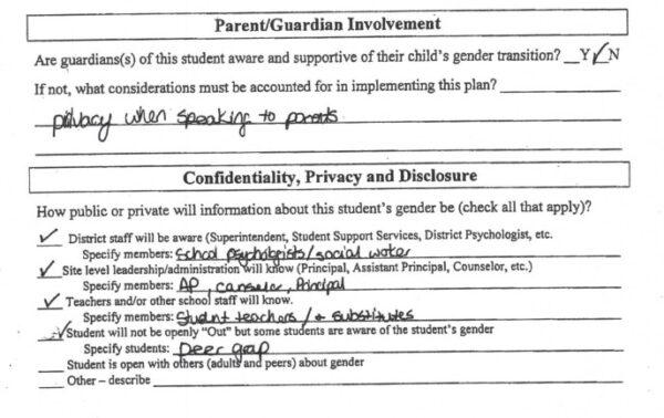 Excerpt from the Leon County School District’s transgender gender nonconforming student support plan, directing staff to keep all guidance regarding a 13-year-old daughter's new "non-binary" status secret "when speaking to parents," filled out in a secret meeting on Sept. 8, 2020. (Obtained by The Epoch Times from January and Jeffrey Littlejohn in August 2021.)