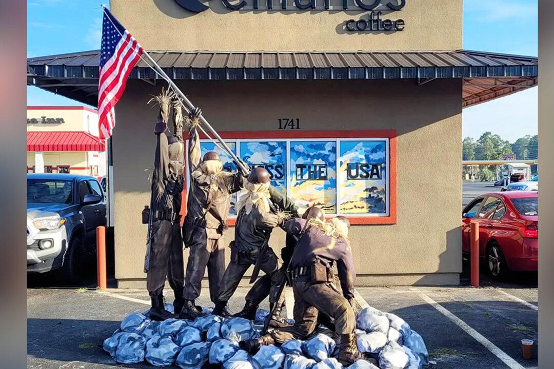 Coffee Shop Owner Builds Scarecrow Iwo Jima Flag-Raising Tableau for Festive Tribute to Military