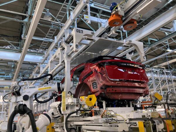 Nissan Motor Co. Ltd.'s Universal Powertrain Mounting System with a two-layer pallet structure, compatible with EV, e-POWER (HV), and gasoline vehicles is pictured in Kawachi-gun, in Tochigi prefecture, Japan, on Oct. 8, 2021. (Maki Shiraki/Reuters)