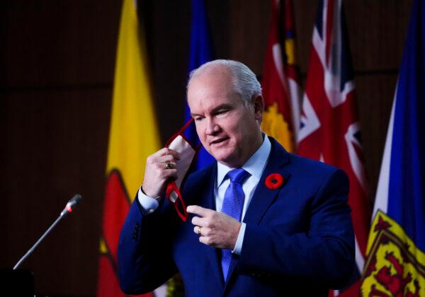Conservative Party Leader Erin O'Toole holds a press conference on Parliament Hill in Ottawa on Nov. 8, 2021. (The Canadian Press/Sean Kilpatrick)