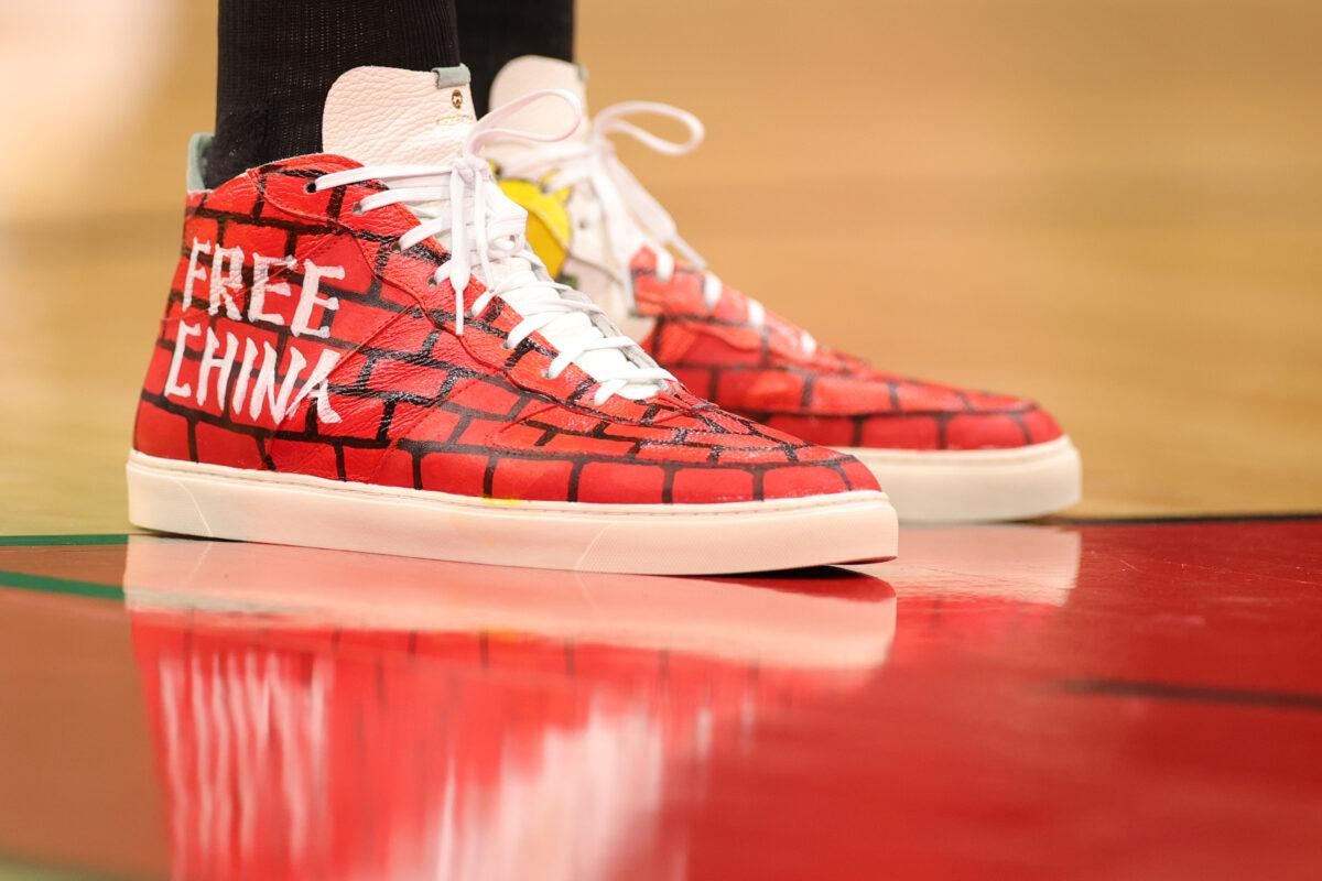 Enes Kanter #13 of the Boston Celtics sneakers are seen at Toyota Center in Houston, Texas, on Oct. 24, 2021. (Carmen Mandato/Getty Images)