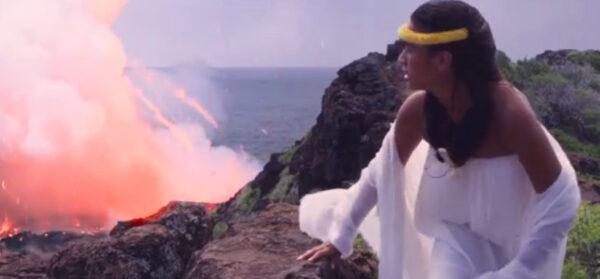 Chieftess Kapiolani (Teuira Shanti Napa) demonstrates her faith in God in “The Islands” (RiverRain Productions)