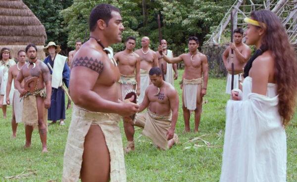 Alika Kalawaia (Ricky Sua’ava, L) and Chieftess Kapiolani (Teuira Shanti Napa) in “The Islands” (RiverRain Productions)