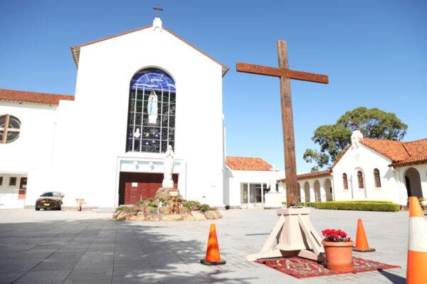 A large wooden cross is seen outside the closed Our Lady of Lourdes Catholic Church in Earlwood in Sydney, Australia, on April 12, 2020. (Mark Kolbe/Getty Images)