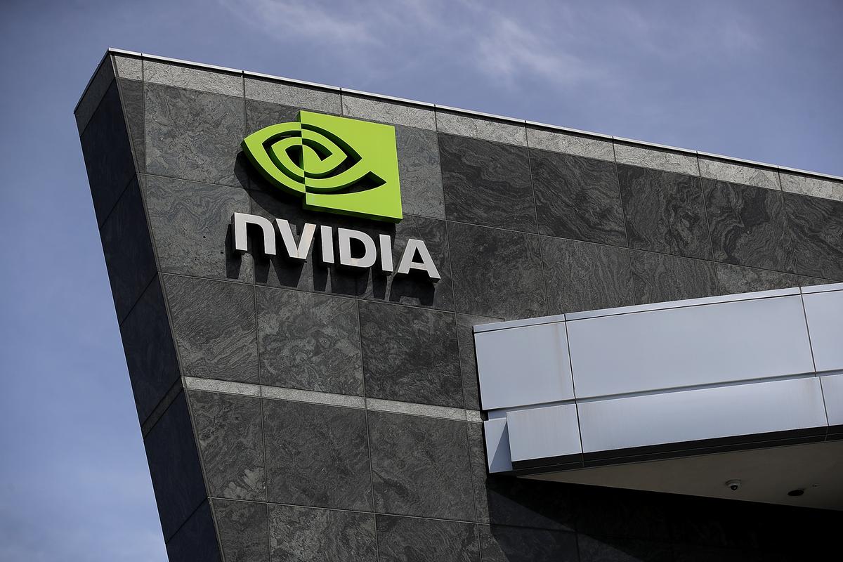 The logo on Nvidia headquarters in Santa Clara, CA. on May 10, 2018. (Justin Sullivan/Getty Images)