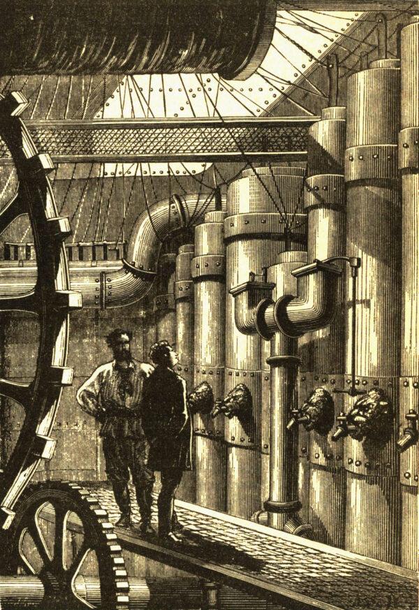 Nemo showing off his engine room to his “guest” Aronnax. (PD-US)