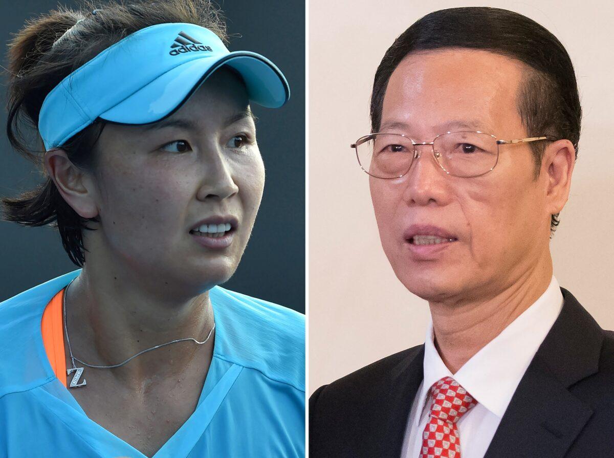 This combination of file photos shows tennis player Peng Shuai of China (L) during her women's singles first round match at the Australian Open tennis tournament in Melbourne on Jan. 16, 2017; and Chinese Vice Premier Zhang Gaoli (R) during a visit to Russia at the Saint Petersburg International Investment Forum in Saint Petersburg on June 18, 2015. (Paul Crock and Alexander Zemlianichenko/AFP via Getty Images)