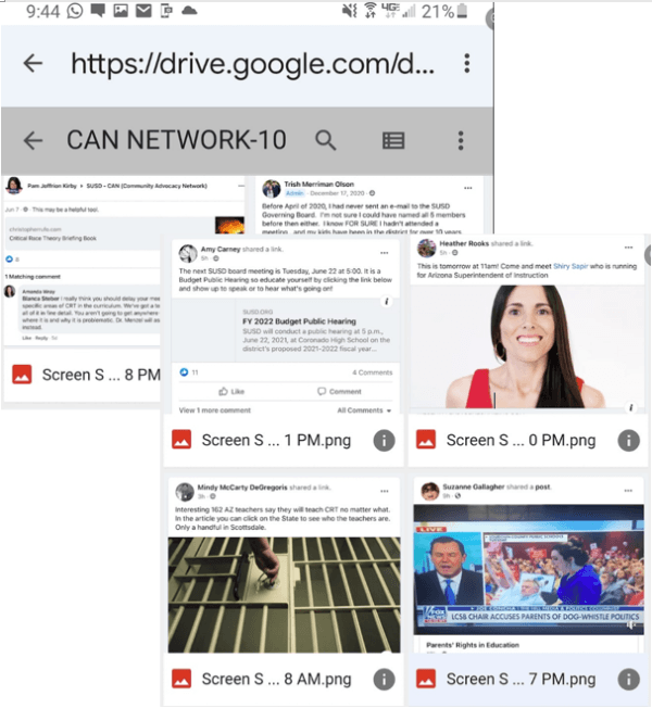 Screen captures of files in a Google Drive, created and filled by Mark Greenburg on parents who spoke critically of his son—Scottsdale Unified School District School Bard President Jann-Michael Greenburg—and the District at school board meetings and on social media, discovered by parents after Jann-Michel accidentally included the Google Drive address in an email. (Courtesy of Kim Stafford)