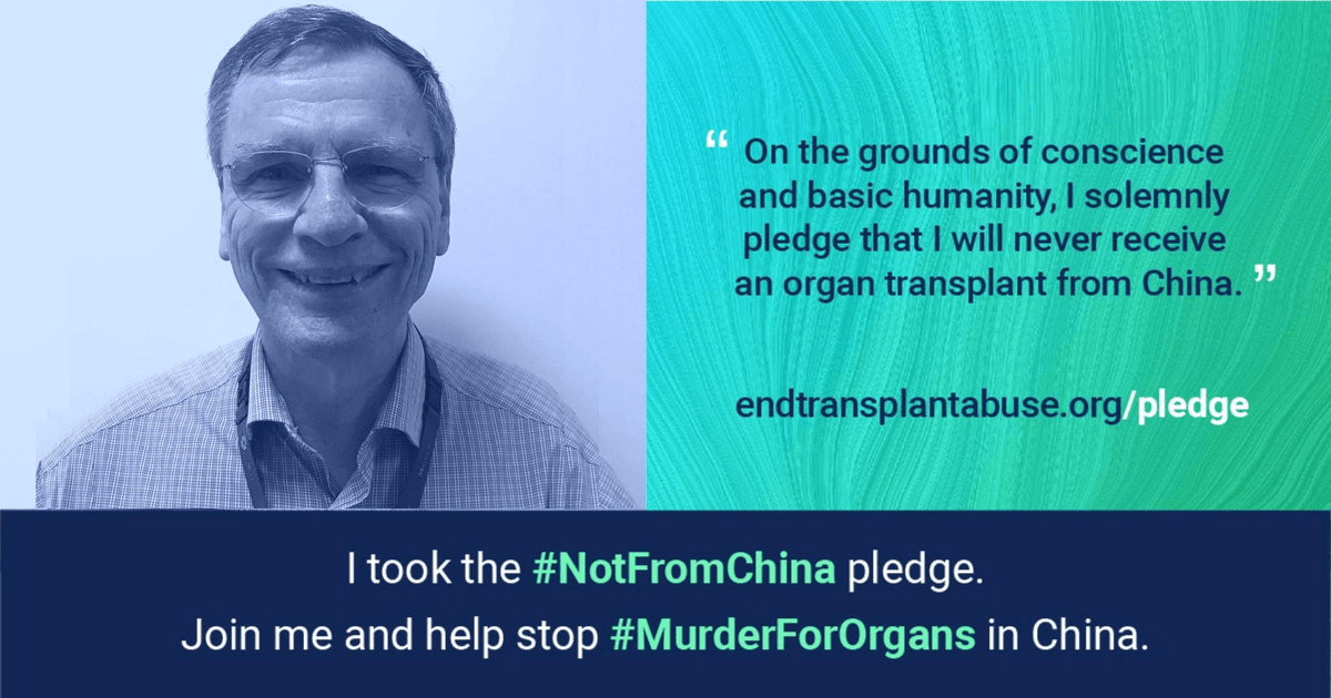 Dr. David McGiffin, professor of Cardiothoracic Surgery and Transplantation at Monash University, Australia, took the “#NotFromChina Pledge.” (Courtesy of <a href="https://endtransplantabuse.org/">ETAC</a>)