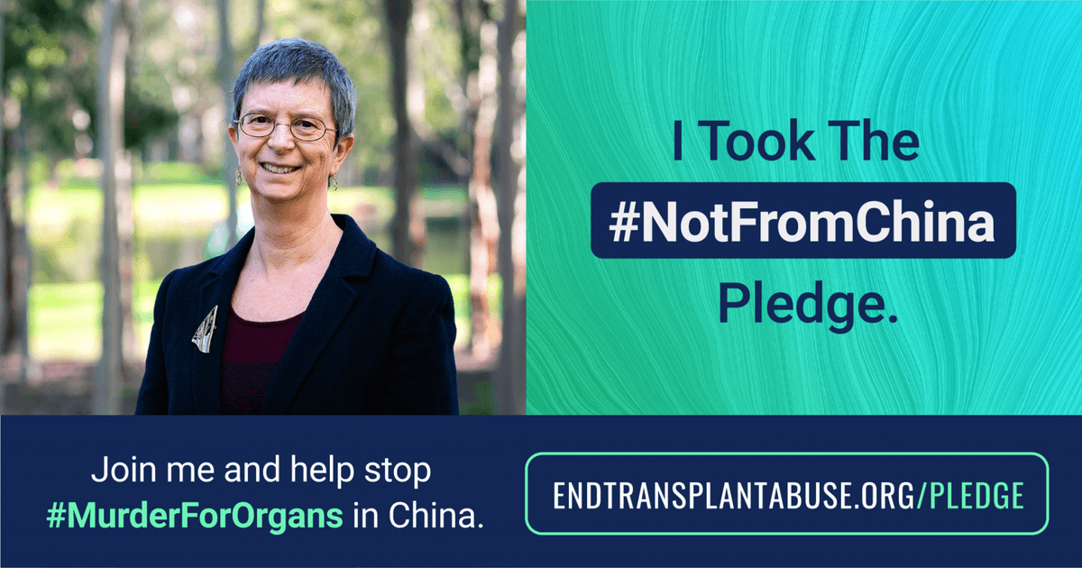 Wendy Rogers, professor of Clinical Ethics at Macquarie University, Australia, and ETAC’s Advisory Committee Chair, took the “#NotFromChina Pledge.” (Courtesy of <a href="https://endtransplantabuse.org/">ETAC</a> and J. Stephan/Macquarie University)