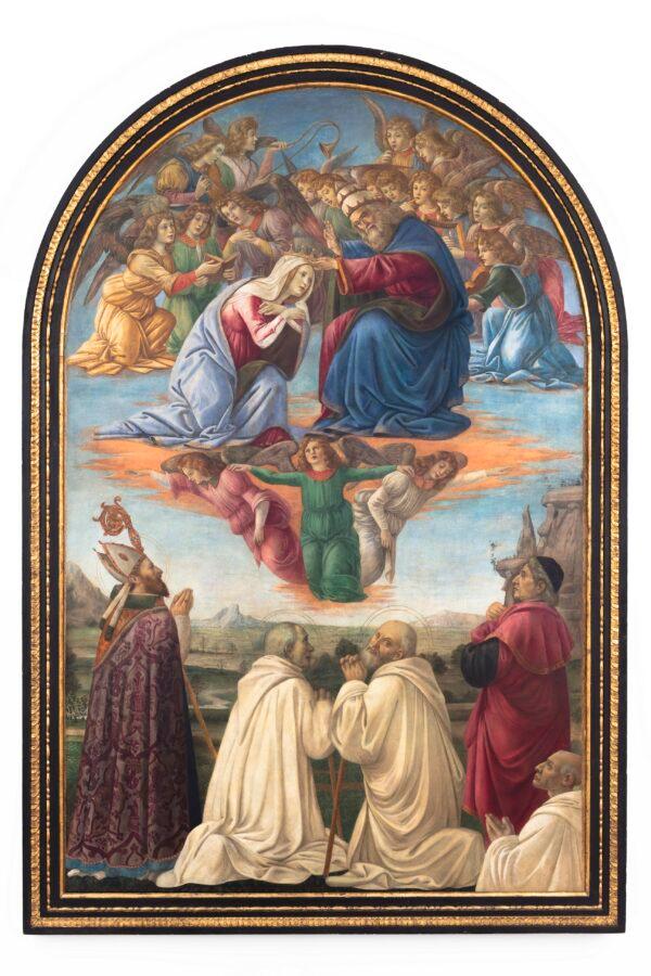 “Coronation of the Virgin With Saint Justus of Volterra, Blessed Jacopo Guidi da Certaldo, Saint Romuald, Saint Clement, and a Camaldolese Monk,” circa 1492, by Botticelli and Domenico Ghirlandaio. Tempera and oil on wood transferred onto canvas; 106 inches by 69 inches. Donated by John & Johanna Bass, Collection of the Bass Museum of Art; Miami Beach, Fla. (Zaire ArtLab)