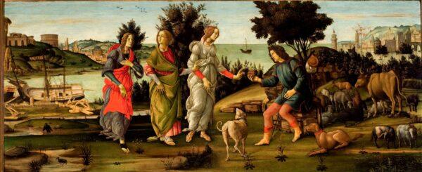 ”The Judgement of Paris,” circa 1482–1485, by Botticelli, and studio. Tempera on wood; 31 7/8 inches by 77 1/2 inches. The Palazzo Cini Gallery, Giorgio Cini Foundation; Venice, Italy. (Giorgio Cini Foundation)