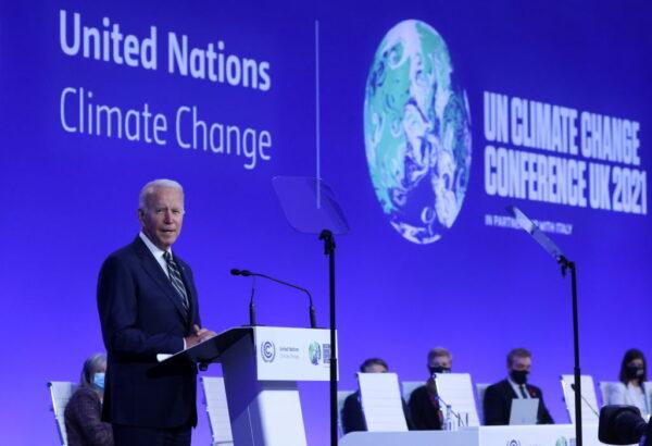 U.S. President Joe Biden speaks during the opening ceremony of the UN Climate Change Conference COP26 in Glasgow, United Kingdom, on Nov. 1, 2021. (Yves Herman/WPA Pool/Getty Images)