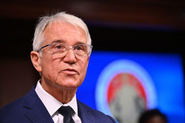 Los Angeles County District Attorney George Gascon speaks at a news conference in Los Angeles, on Dec. 8, 2021. (Robyn Beck/AFP via Getty Images)