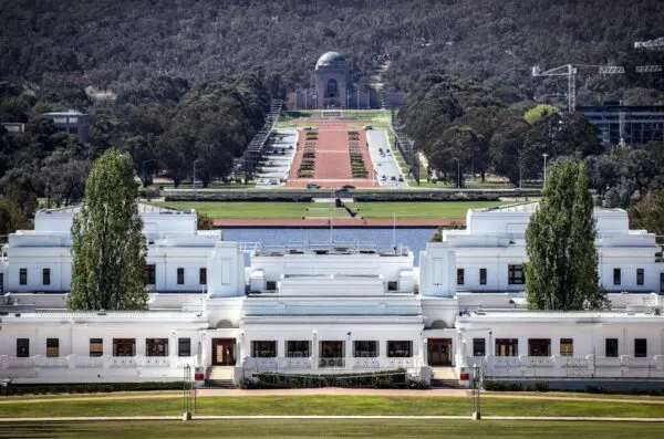 The Australian War Memorial can be seen in the distance behind the Old Parliament House building (foreground) in Canberra, Australia, on March 22, 2020. (David Gray/AFP via Getty Images)