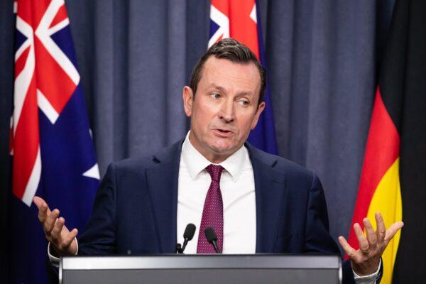 WA Premier Mark McGowan speaks during an announcement in Perth, Australia, on Dec. 13, 2021. (Richard Wainwright/AAP Image)