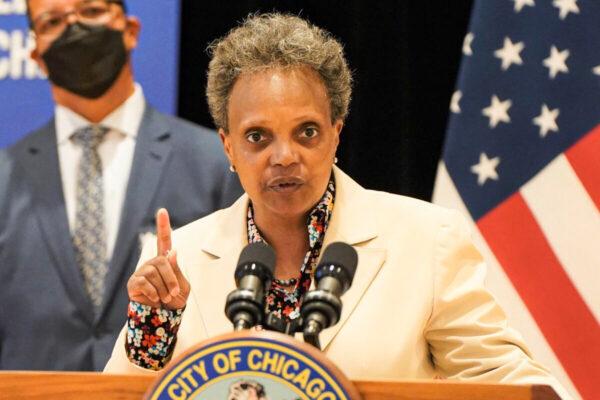 Chicago Mayor Lori Lightfoot speaks during a press conference at the Richardson Middle School in Chicago on June 14, 2021. (Cara Ding/The Epoch Times)