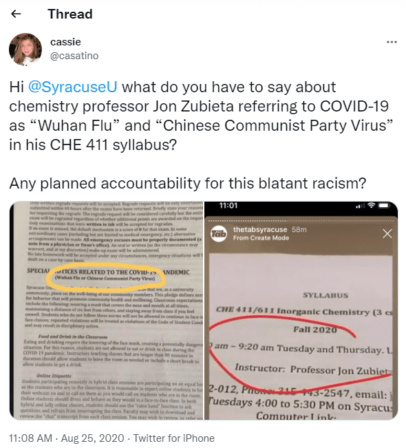 Screenshot of August 25, 2020 post on Twitter by @casatino of Professor Jon Zubieta's syllabus. (Twitter)