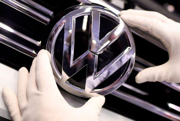 A Volkswagen logo is pictured in a production line at the Volkswagen plant in Wolfsburg, Germany, on March 1, 2019. (Fabian Bimmer/Reuters)