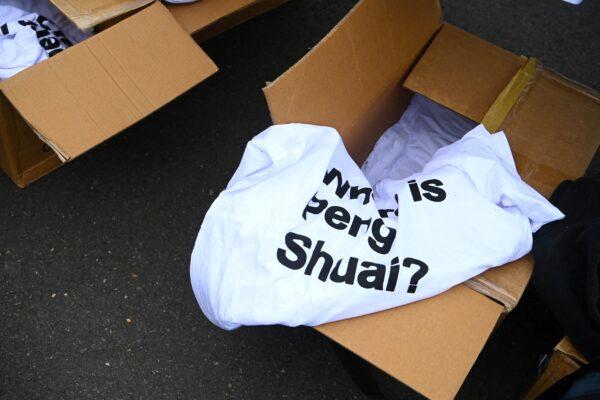 T-shirts reading "Where is Peng Shuai?" are seen in a box outside Melbourne Park ahead of the women's singles final, Australian Open, in Melbourne Park, Melbourne, Australia, on Jan. 29, 2022. (Morgan Sette/Reuters)