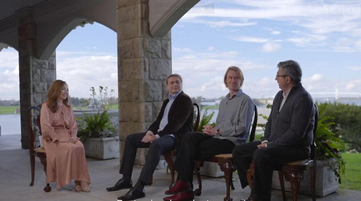 L-R: Janara Khassenova, Illya Kazantsev, Sergey Antonovand Misha Keylin in “Special Episode: Hermitage Piano Trio | Piano Talks” (NTD Productions)