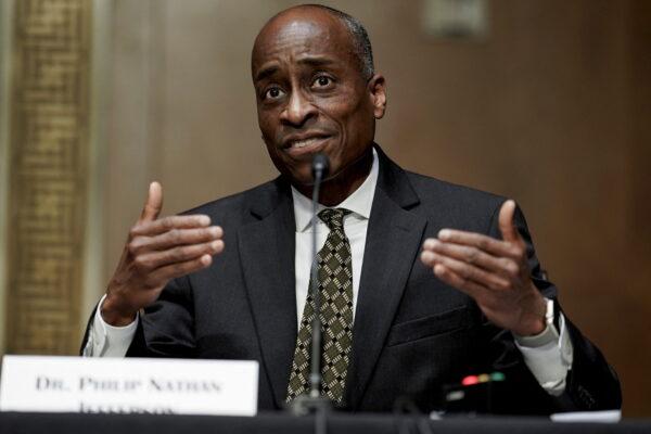 Philip Nathan Jefferson, of North Carolina, nominated to be a member of the board of governors of the Federal Reserve System, speaks during a Senate Banking, Housing and Urban Affairs Committee confirmation hearing on Capitol Hill in Washington, D.C., on Feb. 3, 2022. (Ken Cedeno/Reuters Pool)
