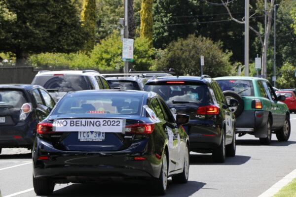 A car of a protestor at the car parade to boycott the Beijing Olympic Games on the streets of metropolitan of Melbourne, Australia, on Feb. 4, 2022 (The Epoch Times)
