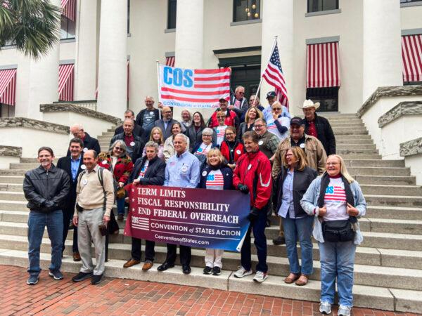 Convention of States team members gather on the steps of the Capitol Building for the annual rally in Tallahassee, Fla., on Feb. 8, 2022. (Supplied/Brenna Rummel)