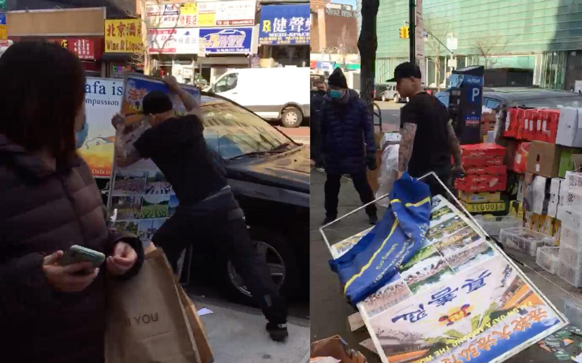 Zheng Buqiu attacks a Falun Gong information booth in Flushing, New York, on Feb. 10, 2022. (Screenshot via The Epoch Times)