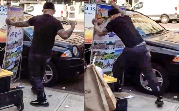 Zheng Buqiu attacks a Falun Gong information booth in Flushing, New York, on Feb. 10, 2022. (Screenshot via The Epoch Times)