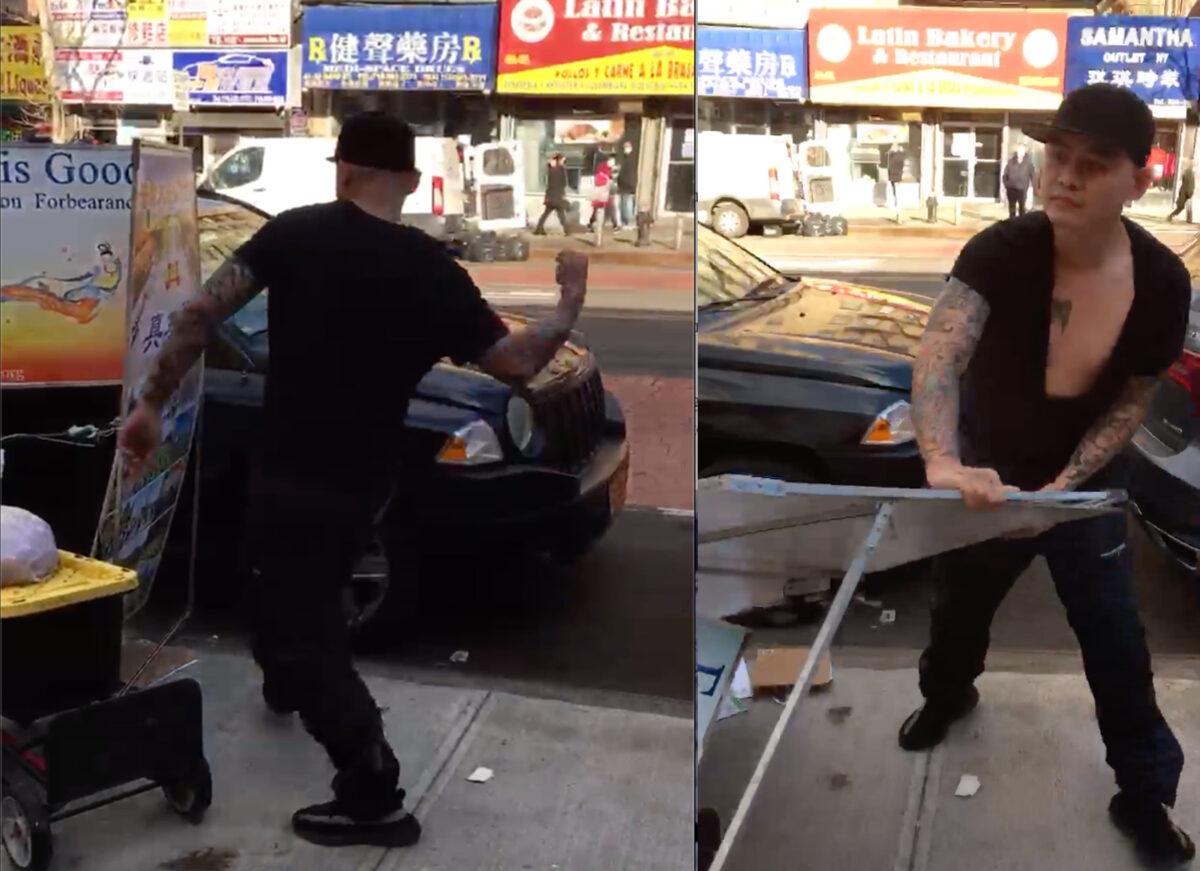 Zheng Buqiu attacks a Falun Gong information booth in Flushing, New York, on Feb. 10, 2022. (Screenshot via The Epoch Times)