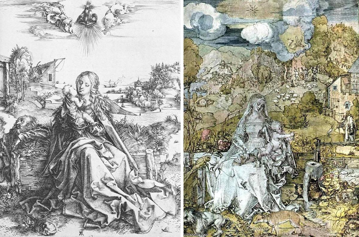 (Left) “Virgin and Child with a Dragonfly” (c. 1495) by Dürer (<a href="https://commons.wikimedia.org/wiki/File:The_Holy_Family_with_the_Dragonfly_by_Albrecht_Durer.jpg">Public Domain</a>); (Right) “Virgin with a Multitude of Animals” (circa 1506) by Dürer. (<a href="https://commons.wikimedia.org/wiki/File:Durer,_madonna_degli_animali.jpg">Public Domain</a>)
