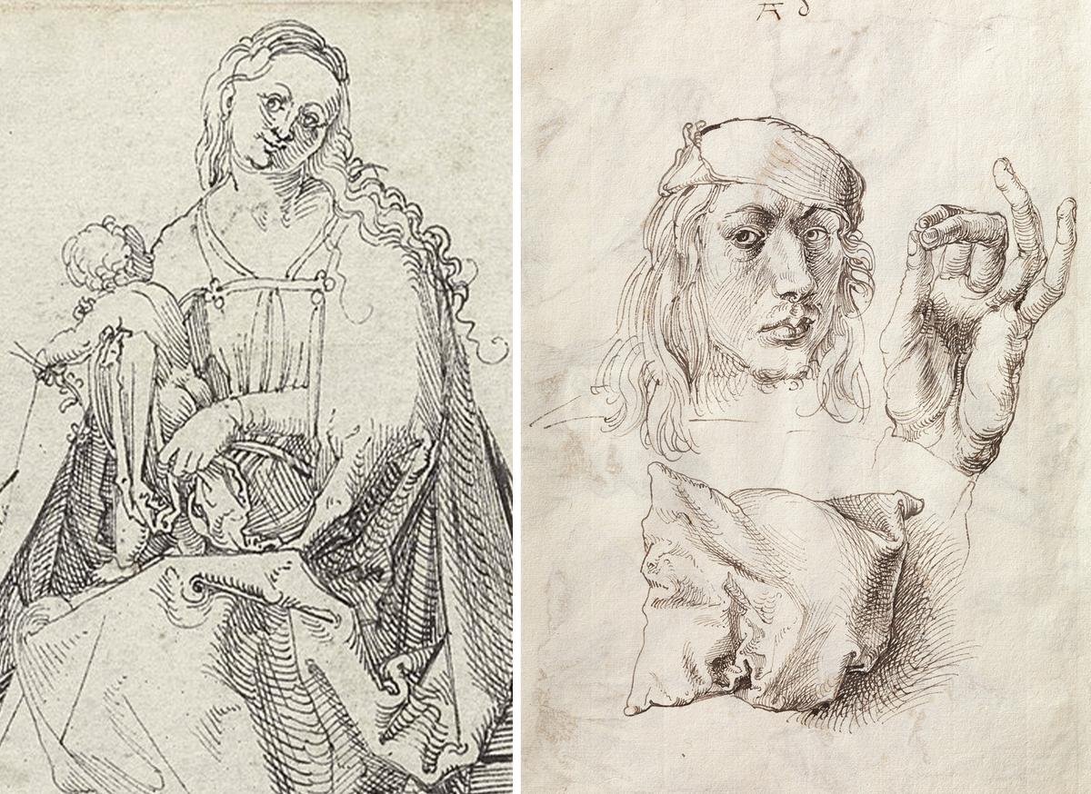 (Left) Detail of "The Virgin and Child with a Flower on a Grassy Bench" (circa 1503) by Dürer (<a href="https://commons.wikimedia.org/wiki/File:Duerer,_Albrecht_attr._-_Madonna_and_Child_with_a_Flower_on_a_Grassy_Bench_-_drawing.jpg">Public Domain</a>); (Right) "Self-portrait, Study of a Hand and a Pillow" (1493) by Dürer. (<a href="https://commons.wikimedia.org/wiki/File:Self-portrait,_Study_of_a_Hand_and_a_Pillow_(recto);_Six_Studies_of_Pillows_(verso)_MET_DT3364.jpg">Public Domain</a>)