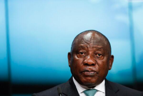 South Africa's President Cyril Ramaphosa speaks during a media conference at an EU Africa summit in Brussels on Feb. 18, 2022. (Johanna Geron, Pool Photo via AP)