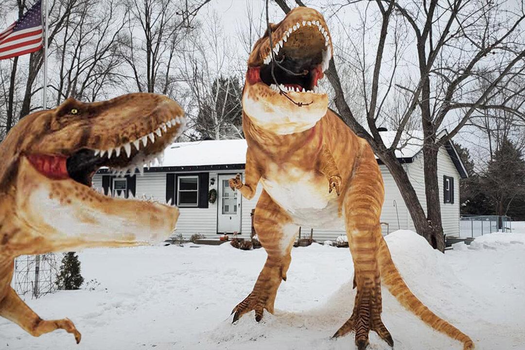Minnesota Man Builds Huge Roaring Snow T-Rex Dinosaur on Front Lawn, and Neighbors Can’t Believe Their Eyes