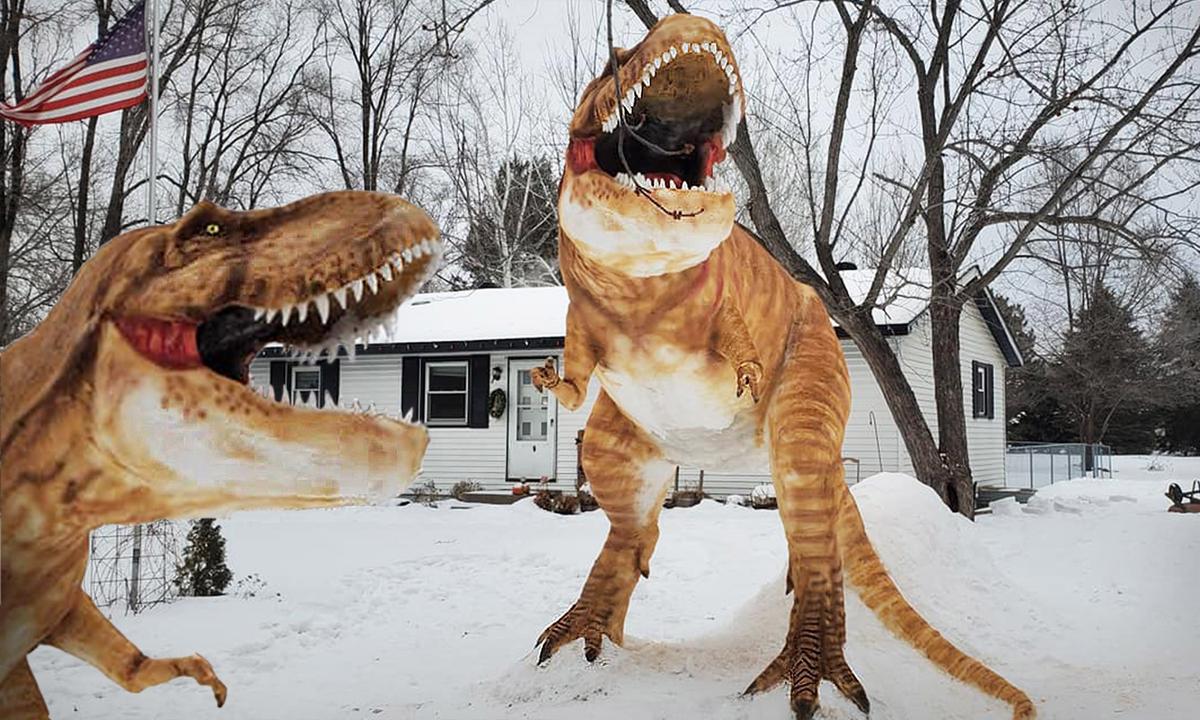 Minnesota Man Builds Huge Roaring Snow T-Rex Dinosaur on Front Lawn, and Neighbors Can’t Believe Their Eyes