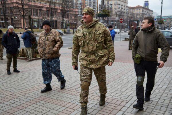 Right Sector militias gather outside the city hall prior to deploying on defensive positions on Feb. 24, 2022 in Kyiv, Ukraine. (Pierre Crom/Getty Images)