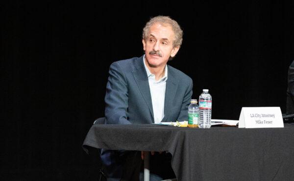 Los Angeles City Attorney Mike Feuer speaks at the Warner Grand Theater in San Pedro, Calif., on Feb. 27, 2022. (John Fredricks/The Epoch Times)
